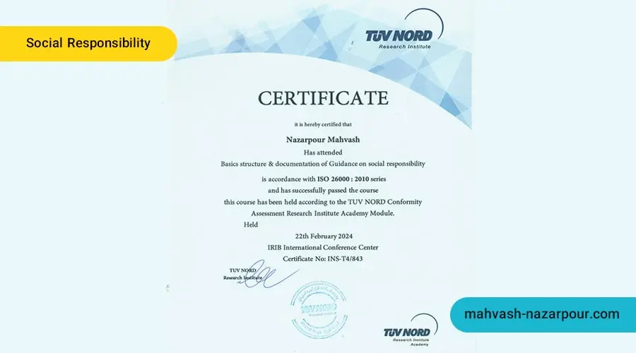 گواهینامه بین‌المللی مسئولیت اجتماعی ISO 26000 دکتر مهوش نظرپور از آکادمی TUV NORD